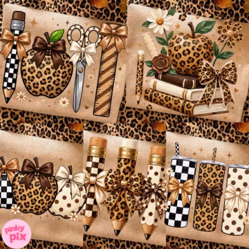 Leopard Teacher Apple School Supplies PNG Bundle: Checkered Polka Dot Pencil Scissors Ruler Set