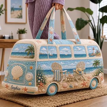 Quilted Weekend Bag Gift 2026, Coastal Camper Travel Duffel, Beach Van Carryall, Ocean Print Handbag, Summer Vacation Bag, Seaside Gift Idea