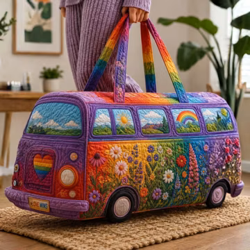 Personalized Hippie Camper Van Travel Bag, Custom Quilted Duffel Bag, Rainbow Floral Weekender, Boho Road Trip Carry, LGBTQ Pride Gift 2026