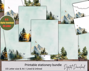 Printable Mountain Stationery Bundle Watercolor Forest Letter Writing Paper Digital Download A4 US Lined Unlined Envelope