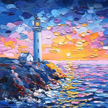 Original Lighthouse Sunset Oil Painting: Textured Impasto Seascape Art