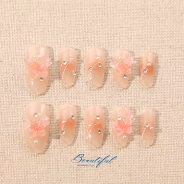 Pink Blush 3D Butterfly Press On Nails: Pearl Rhinestone Accent