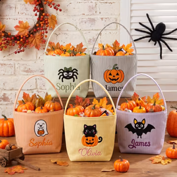 Personalized Seersucker Trick or Treat Basket, Halloween Candy Bucket for Kids, Embroidery Halloween Bag, Halloween Pumpkin Basket Gift