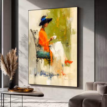 Elegant Woman in Hat Drinking Tea Canvas, Abstract Figurative Wall Art, Modern Colorful Home Decor, Sitting Chair Painting Print