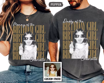 Personalized Vintage Photo Mom Dad Of the Birthday Girl Shirt: Birthday Matching Family Shirts, Childhood Picture Group Tee, Goddaughter