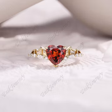 Heart Cut Garnet Engagement Ring, Solid Gold Gothic Bat Ring, Moissanite Halloween Wedding Ring for Her, Unique Anniversary Gift for Women