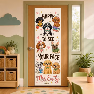 Custom Linen Door Tapestry: Animal Classroom Welcome, Dog Cat Rabbit Hamster Parrot Design