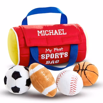 Personalized My First Sports Bag With Embroidered Name, Stuffed Plush Playset with Mini Plush Basketball Baseball Football ball - 8"