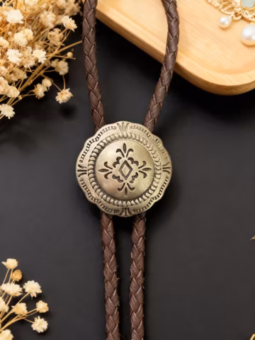 Vintage Concho Bolo Tie in Solid Copper, Western Cowboy Necktie with Antique Floral Design, Wedding Bolo Tie for Men