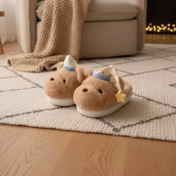 Bear Slippers: Khaki Plush Fur, Cozy Winter House Shoes