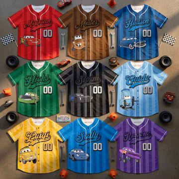 Custom Disney Cars Baseball Jersey for Kids, Lightning McQueen Mater Cartoon Jersey, Cars Birthday Gift for Kids, Racing Car Kids Jersey Y2K