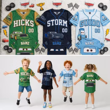 Custom Disney Cars Baseball Jersey for Kids, Lightning McQueen Mater Cartoon Jersey, Cars Birthday Gift for Kids, Racing Car Kids Jersey Y2K