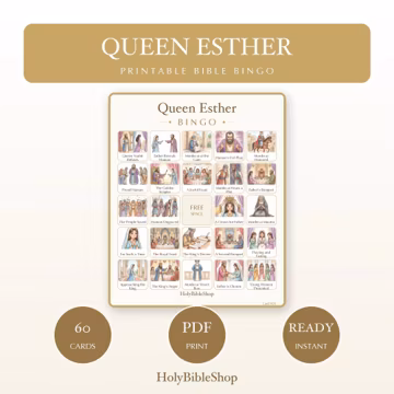 Queen Esther Bingo | Printable Bible Bingo Game for Kids | 60 Cards Sunday School VBS Christian Watercolor PDF
