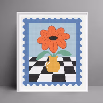 Retro Floral Cross Stitch Pattern, Modern Geometric Art (PDF Download)
