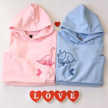Embroidered Dinosaur Skateboard Couple Hoodie, Matching Anniversary Pullover