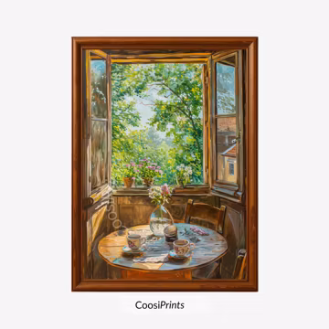 Spring Garden Window View – Cozy Cottage Tea Table, Rustic Farmhouse Decor, Kitchen Wall Art | Digital Product | CP-292