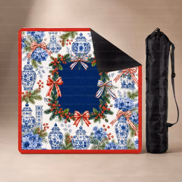 Chinoiserie Christmas Neoprene Mahjong Mat, Blue White Ginger Jar Holiday Game Mat, Red Bow Wreath Design, Luxury Table Cover, SHIPS ROLLED