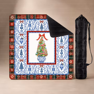 Christmas Chinoiserie Neoprene Mahjong Mat, Blue White Holiday Tree Game Mat with Carrying Bag, Red Plaid Winter Design, SHIPS ROLLED