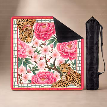 Pink Leopard Neoprene Mahjong Mat, Chinoiserie Floral Peony Game Mat with Carrying Bag, Luxury Animal Print Table Cover, SHIPS ROLLED
