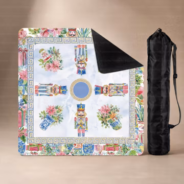 Chinoiserie Nutcracker Neoprene Mahjong Mat, Blue White Floral Holiday Game Mat, Luxury American Mahjong Table Cover, SHIPS ROLLED