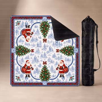 Christmas Chinoiserie Neoprene Mahjong Mat, Blue White Santa Holiday Game Mat with Carrying Bag, Red Plaid Winter Design, Luxury Table Cover