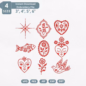 Redwork Folk Art Embroidery Design Bundle, Floral Heart Bird Fish Machine Embroidery File, Vintage Flower Ornament Line Art Set Pes File
