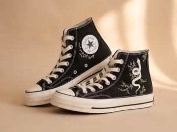 Custom Converse Embroidery Shoes, Blue Flower Embroidered Converse 1970s, White Snake Embroidery Sneakers Custom