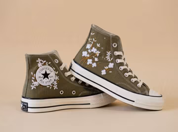 Custom Converse Embroidery Shoes, Small Flower Embroidered Converse 1970s, White Plum Blossom Embroidery Sneakers Custom
