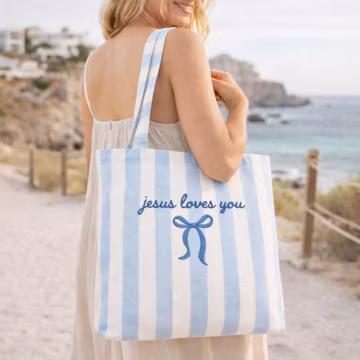 Embroidered Jesus Loves You Tote Bag – Christian Cotton Tote for Women – Faith-Based Gift for Church, Bible Study, Travel