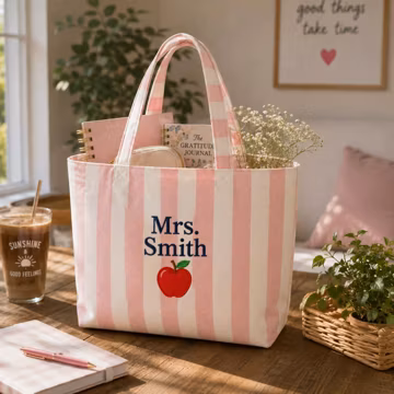 Custom Embroidered Teacher Tote Bag | Personalized Pink Striped Canvas Book Bag with Apple | Mrs Teacher Appreciation Gift, School Tote