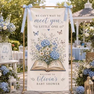 Personalized Storybook Baby Shower Welcome Sign, Blue Floral Book Banner, Custom Name Garden Party Backdrop, Baby Boy Shower Decor