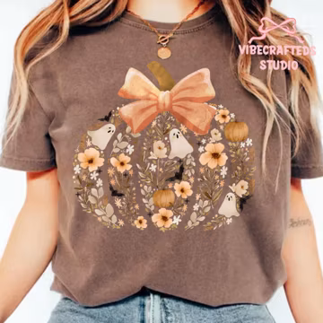 Vintage floral pumpkin ghost PNG, floral fall ghost png, Floral pumpkin bow png, halloween png, vintage halloween png, halloween shirt png