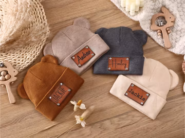 Personalized Baby Beanie with Bear Ears, Custom Beanie with Name Patch,Personalized Baby Beanie,Newborn Baby Beanie Hat,Leather Patch Beanie
