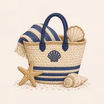 Beach Tote Embroidery Design, Striped Summer Bag with Seashells Starfish and Towel, Coastal Machine Embroidery File