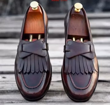 Handmade Men Brown Slip on Shoes with Fringes, Loafer Formal Dress shoes