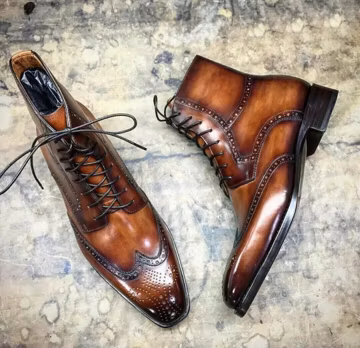 Brown Ankle High Leather Handmade Boots Men Leather Wingtip Brogues Formal Shoes