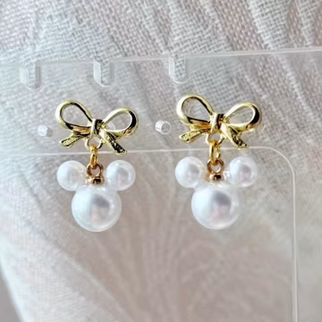 Bow Mickey Pearl Drop Earrings | Stainless Steel, Hypoallergenic