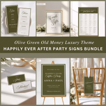 Happily Ever After Party Signs Bundle, Olive Green Old Money Reception Decor, Elopement Reception Sign Set, Editable Canva