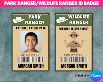 Editable Wildlife Ranger ID Badge Template, Printable Park Ranger Name Tag, Zoo pretend play id badge, Park Ranger ID badge template