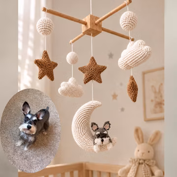 Custom Dog Baby Mobile, Handmade Moon Baby Mobile, Hot Air Balloon Baby Mobile , Crocheted Dog Cat, Neutral Nursery, Baby Shower Gift