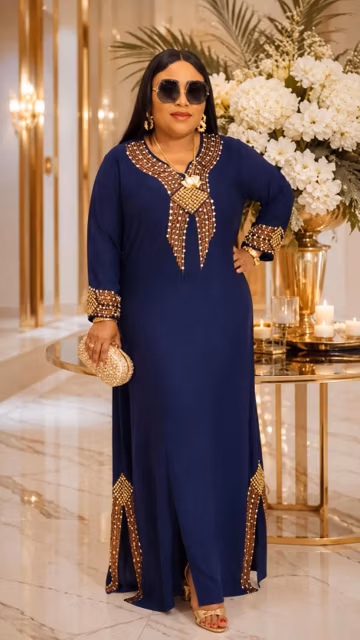 Blue Embellished Kaftan Dress Mother of The Bride Wedding Guest Birthday Party Gala Cocktail Reception Church Anniversary Formal Occasion