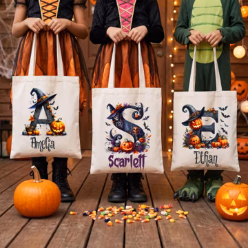 Personalized Halloween Trick or Treat Tote Bag, Halloween Gift for Kids, Gift for Her, Custom Name Tote, Spooky Bag, Candy Bag, Fall Tote