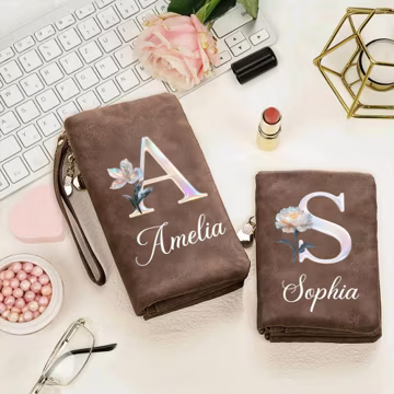 Custom Name Mother of Pearl Wallet Personalized Initial & Birth Flower Tri-Fold Leather Wallet with Wrist Strap Gift for Her/Mom/Grandma