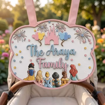 Personalized Disney Princess Stroller Sign, Custom Family Stroller Tag, Disney Family Vacation Sign, Stroller Name Sign, Baby Stroller Decor
