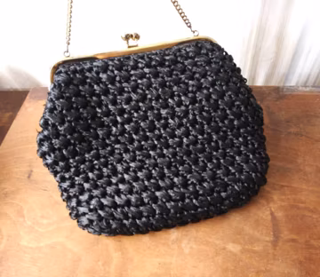 Vintage Black Woven Raffia Handbag, Kiss Clasp Purse, 50s-60s Style