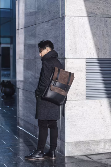Black and brown leather backpack, custom college rucksack, anniversary gift