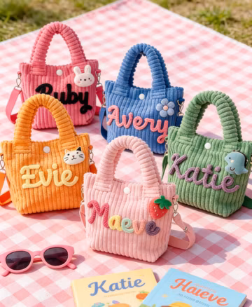 Personalized Toddler Purse with Cute Charm Custom Name Corduroy Kids Crossbody Bag/Handmade Yarn Letters/Birthday Gift Preschool Daycare Bag