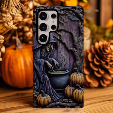 Witch Brewing Cauldron Phone Case | Faux 3D Halloween Pumpkin Forest