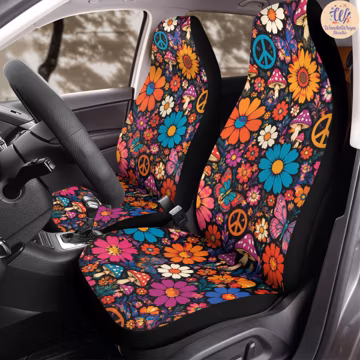 Retro Hippie Peace Floral Car Seat Covers (2Pcs): Floral Polar Fleece Protector Set