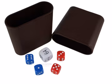 Backgammon Dice Set: Doubling Cube, Red & Blue Dice, Brown Cups